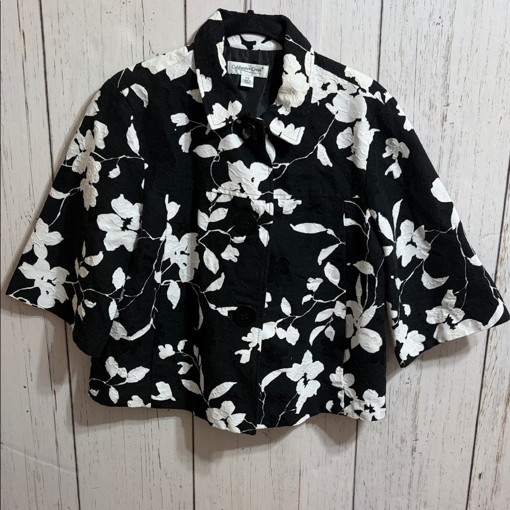 100% Cotton Coldwater Creek Black White Floral A Line Patterned Jacket 10P